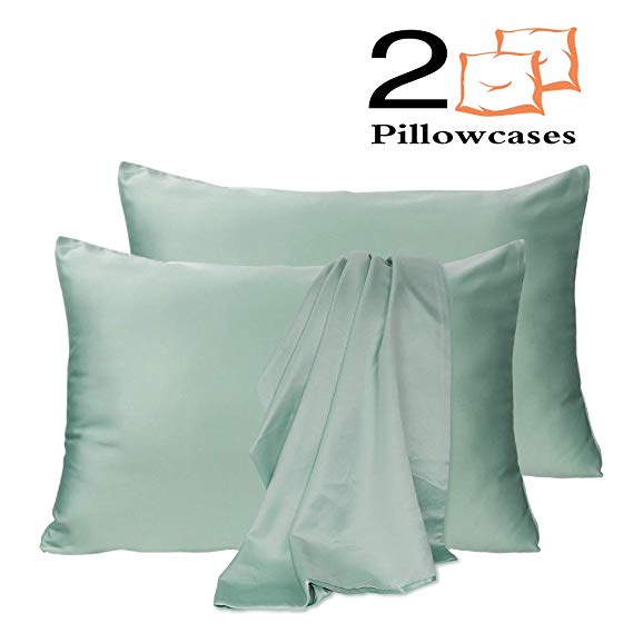Leccod 2 Pack Silky Satin Pillowcase for Hair and Skin Cool Super Soft and Luxury Pillow Cases Covers with Envelope Closure (Spa Green, Queen: 20x30)