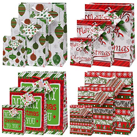 12 Pack Christmas Bags in 4 Assorted Designs, 3 Different Sizes; 4 Small, 4 Medium & 4 Large Bags by Gift Boutique