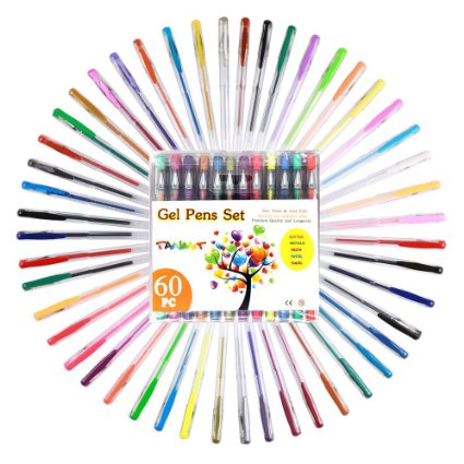 Tanmit Gel Pens for Adult Coloring Books,Set of 60, Assorted Fine Point Color Pen including Glitter,Metallic,Neon,Pastel,Classic,Great for Sketching,Drawing