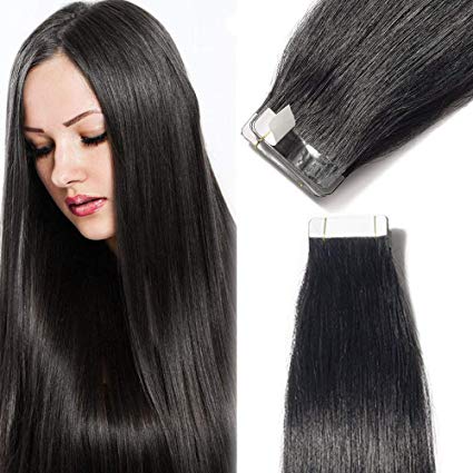 40pcs Tape in Hair Extensions 100% Remy Human Hair Straight Skin Weft Hair Extensions (18inch 100g, 40pcs/set, 1 Jet Black)