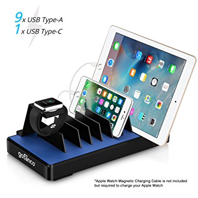 gofanco USB C Charging Station 10 port 90W, USB Type C Desktop Charging Stand Organizer for phones, tablets and wearable devices, 9 USB Type-A & 1 USB Type-C - Black