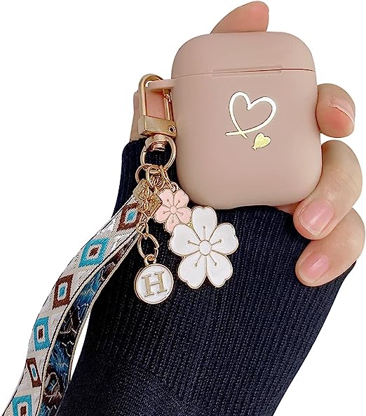 Ownest Compatible for AirPods Case Soft TPU with Gold Heart Pattern Cute Fruit Flowers Keychain Shockproof Cover Case for Girls Woman Airpods 2 &1-Brown Floral