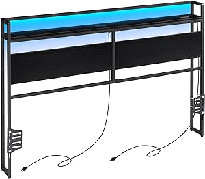 ELYKEN Queen Size Headboard Only with Power Outlet & Colorful LED Strip Light, Headboard for Adaptable Bed Frame Brackets Adapter, Heavy Duty Queen Headboard, Easy Assembly, Black