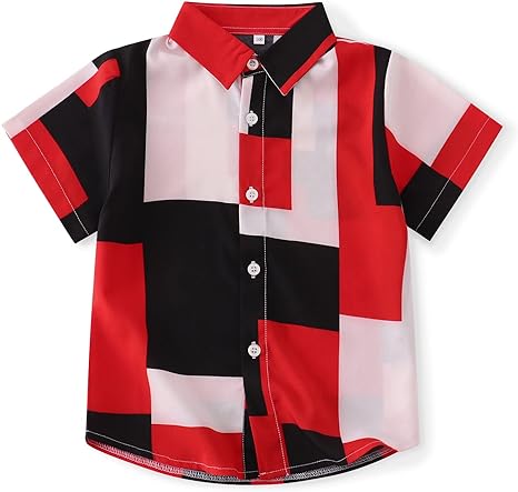 OCHENTA Boys' Short Sleeve Button-Down Shirt Lightweight Breathable Summer Tops with 90s Vintage Style