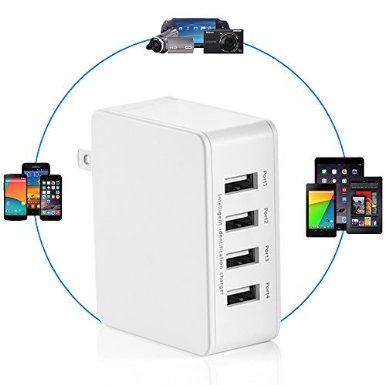 Wall Charger 25W 4-Port USB HubCharging Station Portable USB Power Adapter with Foldable Plug High Speed Battery Charger for iPhone iPad Smartphone Tablet Bluetooth Speaker Headset Power Bank