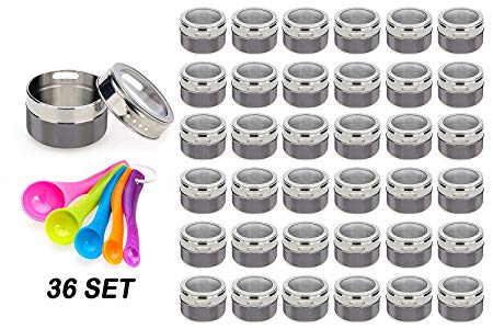 Nellam Magnetic Spice Jars - Kitchen Storage Containers Pantry Rack Organizer - Stainless Steel Airtight Tins for Stack on Fridge to Save Counter & Cupboard Space (Set of 36 PCS - Gray)