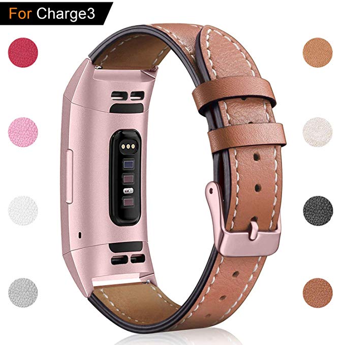 Hotodeal Band Compatible Fitbit Charge 3 Charge 3 SE, Classic Replacement Genuine Leather Bands Metal Connectors Women Men Small Large Size Silver, Rose Gold, Black