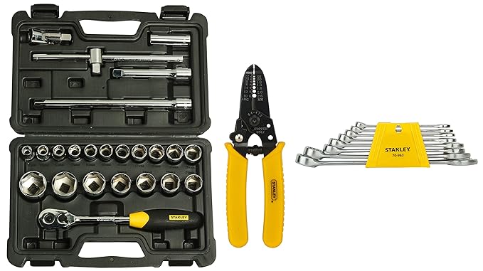 STANLEY SQ. Drive Metric 1/2'' 6 Point Socket Set (24-Pieces) & Chrome Vanadium Steel Combination Spanner Set (8-Pieces) & 150mm/6'' Wire Stripper with Cutting Edge Yellow