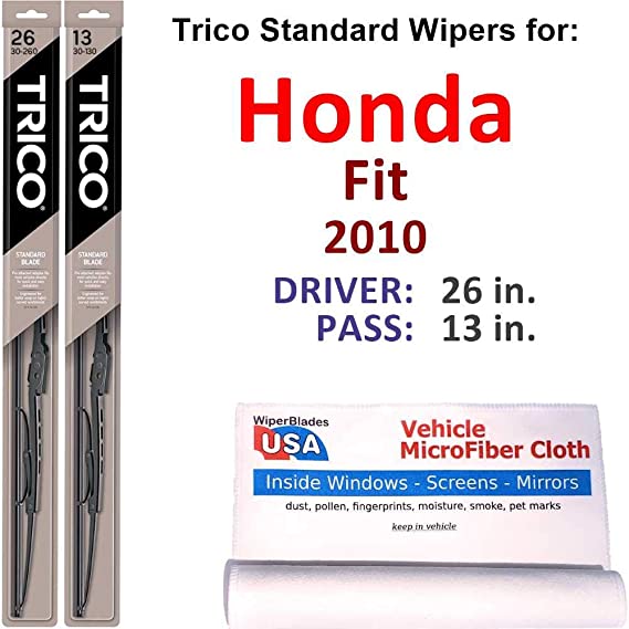 Wiper Blades Set for 2010 Honda Fit Driver/Pass Trico Steel Wipers Set of 2 Bundled with MicroFiber Interior Car Cloth