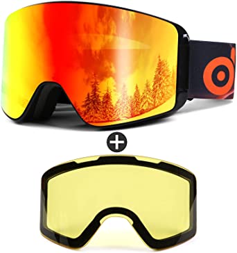 Odoland Ski Goggles with Detachable Lens, Frameless Interchangeable Lens Anti-Fog 100% UV Protection Snowboard Snow Goggles