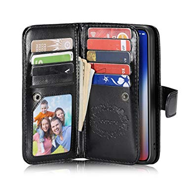 iPhone X Case, Joopapa iPhone X Wallet Case, Pu Leather Magnetic Wallet Flip Cover Case with ID&Credit Card Holder Slot Built-in 9 Card Slots & Wrist Strap For Apple iPhone X (Black)