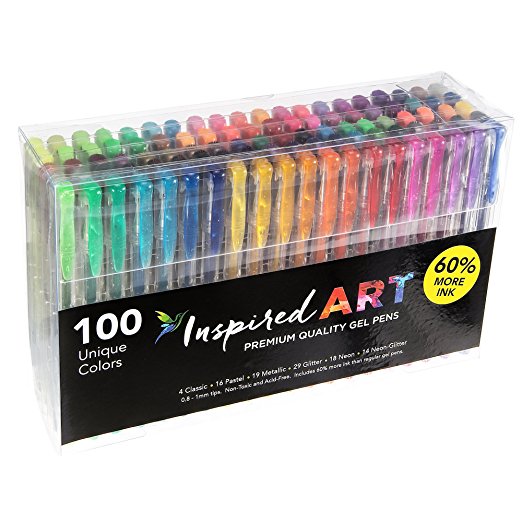 Gel Pen Set for Coloring - 100 Unique Colors (No Duplicates) Superior Quality, Free Flowing. XXL Pack Size - 60% Extra Ink. Includes Glitter Pens, Metallic, Neon, Pastel, Fluorescent & Classic Shades