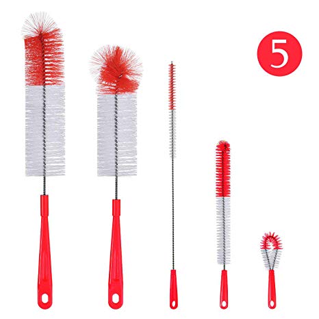 ALINK 5-Pack Red Bottle Brush Cleaner Set - Long Large Cleaing Brush for Narrow Neck Wine/Beer Bottles, Hydro Flask, Thermos, Hummingbird feeder, S’Well, Water Bottles, Spout/Lid Brush, Straw Brus