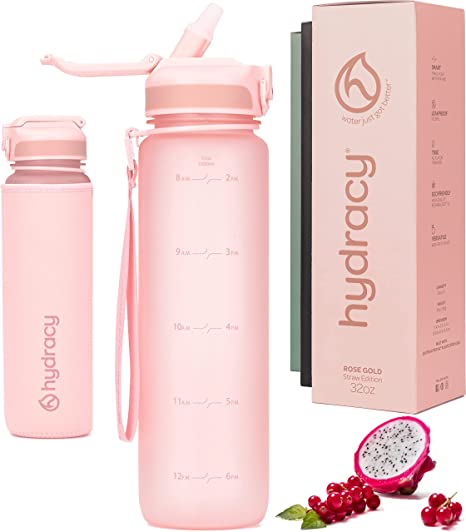 Hydracy Water Bottle with Time Marker and Straw - Large 1 Liter BPA Free Water Bottle - Leak Proof & No Sweat Gym Bottle for Fitness or Sport & Outdoors - Rose Gold