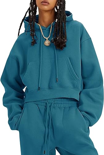 COZYPOIN Womens Fleece 2 Piece Outfits Sweatsuit Crop Top And Pants Hoodie Tracksuit Set