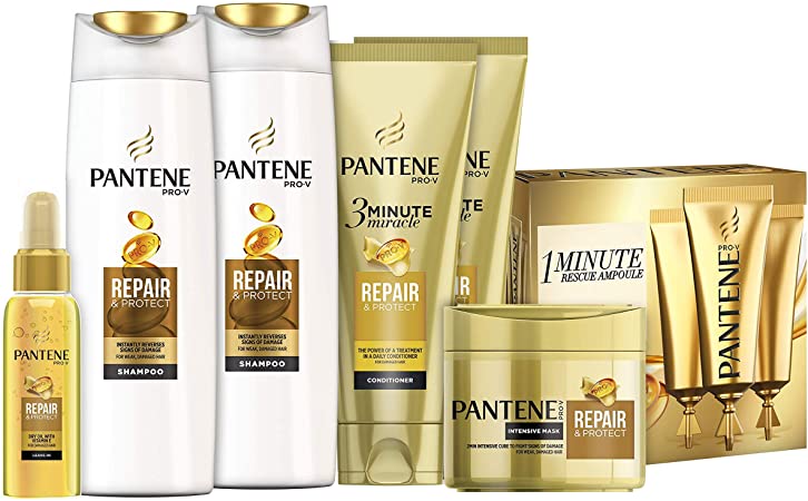 Pantene Pro-V 3 Months Hair Repair Treatment Set for Dry Damaged Hair, 2 Shampoos, Conditioner, 1 Hair Mask for Dry Damaged Hair Coloured, 1 Hair Oil , 3 Deep Conditioner Rescue Shots