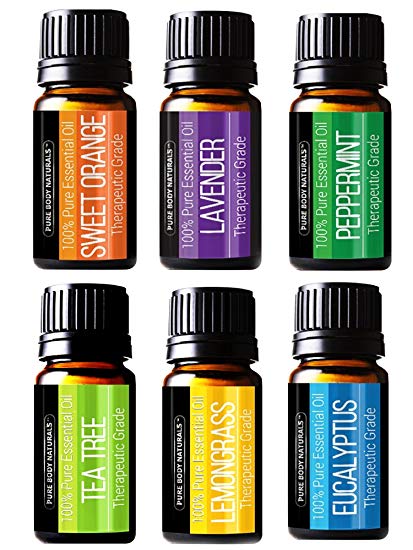 Pure Body Natural Essential Oils Set, 100% Pure Aromatherapy Diffuser Oils, Sample Kit for Beginners, Lavender, Tea Tree, Eucalyptus, Lemongrass, Orange, Peppermint - 10 Milliliter (6 Count)