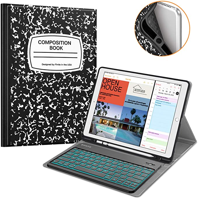 Fintie Keyboard Case for iPad Pro 12.9 2nd Gen 2017/1st Gen 2015, Soft TPU Protective Cover w/Pencil Holder, [7 Color Backlit] Magnetically Detachable Wireless Bluetooth Keyboard (Composition Book)