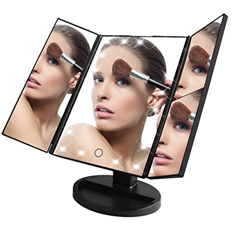 KDKD Trifold Lighted Vanity Makeup Mirror with 3X/2X/1X Folding Magnification Touch Screen and 180° Adjustable Stand for Countertop Cosmetic Makeup