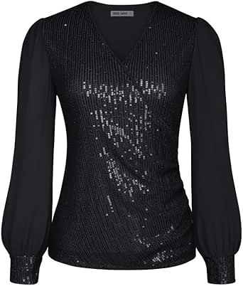 GRACE KARIN Womens Sequin Dressy Tops Chiffon Light Long Sleeve Glitter Sparkly Shimmer Party V-Neck Slim Fit Blouse