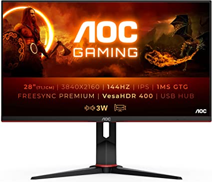 AOC Gaming U28G2XU - 28 Inch 4K UHD Monitor, 144Hz, 1ms, IPS, FreeSync Premium pro, HDR 400, Height Adjust, USB Hub, Speakers (3840x2160 @ 144Hz, 370 cd/m², HDMI/DP/USB 3.2)