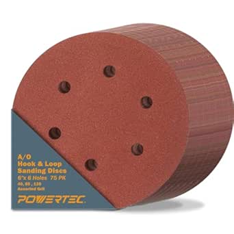 POWERTEC 45251 75PK, 6 Inch 6 Hole Hook and Loop Sanding Discs, 40/80/120, Assorted Grits Sandpaper for Random Orbital Sander, Air Sander, Pneumatic Sander, Dual Action Sander