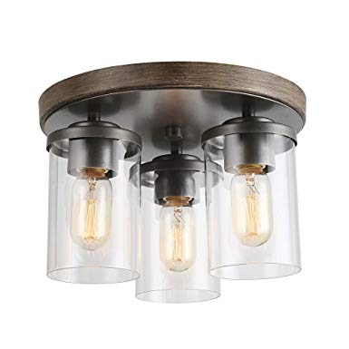 LALUZ 3 Lights Vintage Flush Mount Ceiling Light in Faux Wood and Rusty Metal Finish with Cylindrical Clear Glass Shades, 11.8" Farmhouse Close to Ceiling Lighting for Living Room, A03407