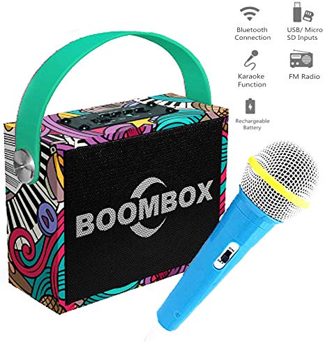 FillADream Kids Bluetooth Karaoke Machine, Cartoon Plated Rechargeable Wireless Speaker Wooden Music Box MP3 Player with Microphone for Party Birthday Gift (M7)
