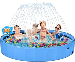 Jecoo Dog Pool with Sprinkler, Large 2-in-1 Foldable Dog Pool for Large Dogs Non-Slip Kiddie Pool Hard Plastic for Outdoor Backyard (80"x12")