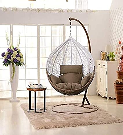 Magnificent Aeron Single Seater Metal Swing Chair with Stand & Cushion & Hook Outdoor Indoor|Balcony | Garden | Patio | Home Improvement( Stand-Brown,Basket-White/Brown,Coushion-Brown)
