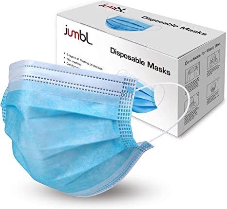 Jumbl Blue Disposable Face Masks | Protective 3-Ply Breathable Comfortable Nose/Mouth Coverings for Home & Office | Elastic Ear Loop 3-Layer Safety Shield for Adults/Kids | Pack of 50 Ships from USA