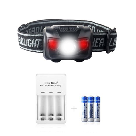 NewRice® 200 Lumens Ultra-Bright LED Headlamp Flashlight . Waterproof IPX6. Lightweight. 5 brightness light modes Adjustable White lights/Red Lights and SOS--Bonus battery and battery charger (Black)