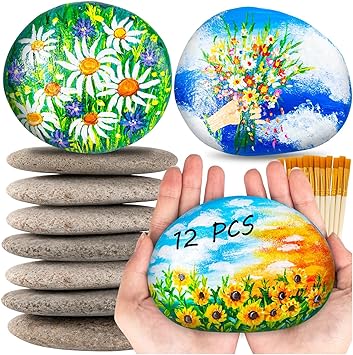 12 Pcs Extra Large Rocks for Painting, 4-5 Inch River Rocks Painting Stones Smooth Flat Rocks with 12PCS Paint Brushes for Painting, Natural Rocks to Paint for Arts DIY Crafts Kids Painters