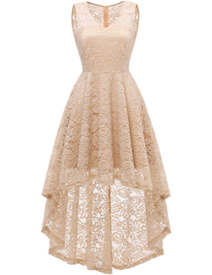 DRESSTELLS Women's Wedding Dress V-Neck Floral Lace Hi-Lo Bridesmaid Dress