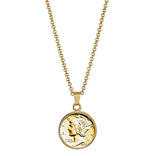 American Coin Treasures Gold-Layered Silver Mercury Dime Goldtone Coin Pendant with 18" Chain Necklace - Genuine and Elegant Keepsake Jewelry for Women | White Luxury Gift Box Included