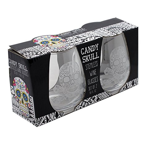 TMD Holdings Etched "Paisley Skull" Stemless Wine Glasses, Clear, [Set of 2/16oz]