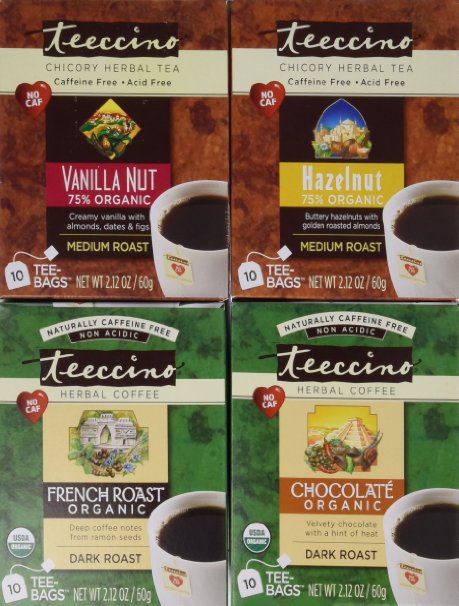 Teeccino Coffee Alternative Variety Pack - 10 Tee-Bags of each - Chocolate French Roast Hazelnut and Vanilla Nut