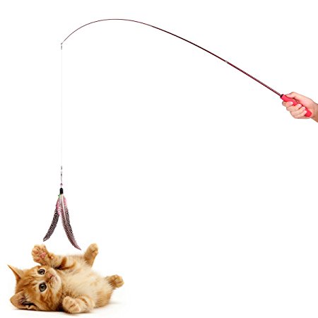 ONEVER Teaser Cat Catcher | Retractable Fishing Pole Wand Rod | 2pcs Large Assorted Feather Toy | Great for Kitten Dog Exercising