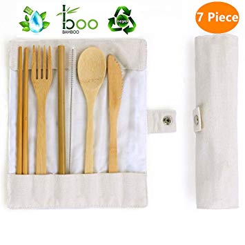 Choppie Reusable Utensils with Case, Organic Camping Utensils To-GO Ware with Cotton Pouch, Eco Friendly Zero Waste Travel Silverware Bamboo Lunch Utensils, Reusable Bamboo Travel Utensil Set 7 Pieces