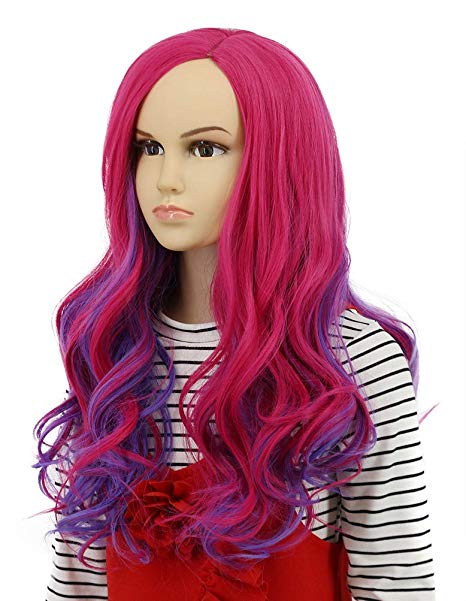 Karlery Kids Child Long Wave Pink and Purple Cosplay Wig Halloween Costumes Anime Party Wig（Kids）