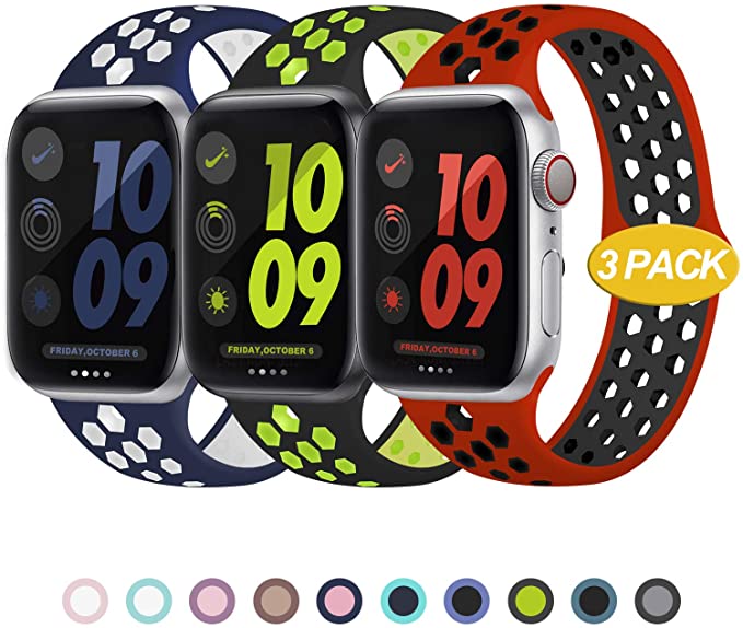 JuQBanke Sport Bands 3 Pack Compatible for Apple Watch Band 38mm 40mm 42mm 44mm, Soft Silicone Sport Replacement Wristband Compatible with iWatch Series 1/2/3/4/5