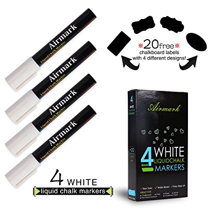Airmark Liquid Chalk Markers , 4 Bright WHITE 6mm Washable Pens , With 20 Reusable Chalkboard Labels,Neon Plus Reversible Tip