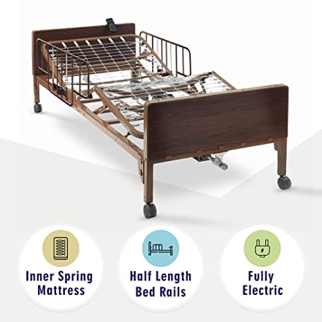 Full Electric Hospital Bed with innerspring Mattress and Half Rails Included - for Home Care Use and Medical Facilities - Fully Adjustable, Easy Transport Casters, Remote - 80" x 36"