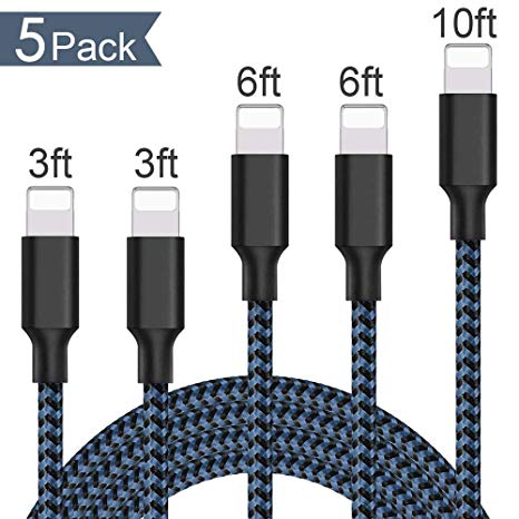 Lightning Cable, iPhone Charger Cables, 5Pack 2x3FT 2x6FT 10FT to USB Syncing Data and Nylon Braided Cord Charger for iPhone Xs Max, XR, X, 8, 7, Plus, 6, 6S, 6 Plus, 5, 5C, 5S, SE - Blue