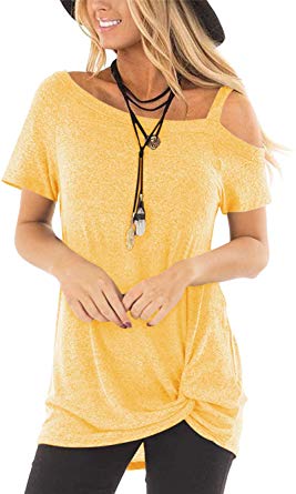 Tivifox Women's Cold Shoulder Cute Tops Short Sleeve Knot Twist Front Tunic T Shirt