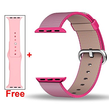 Inteny Apple Watch Band Series 1 Series 2,Colorful Pattern Woven Nylon Band With Free Silicone Band Replacement Wrist Bracelet Strap Buckle for iWatch,38mm,Pink