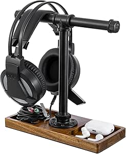 MyGift Premium Acacia Solid Wood and Industrial Black Metal Pipe T-Bar Over Ear Headphones Holder, Tabletop Dual Headphone Display Stand with Accessories Tray