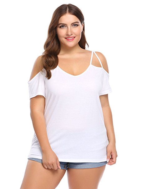 IN'VOLAND Women Plus Size Off Shoulder Spaghetti Strap T Shirt Casual Tee Top