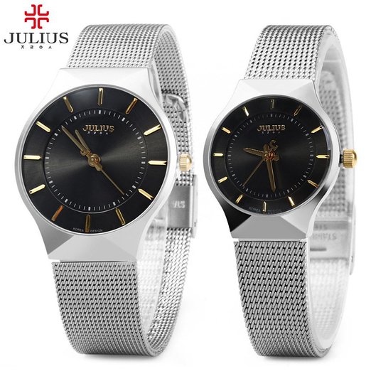 Julius JA - 577 Couple Quartz Wrist Watch Ultrathin Stainless Steel Mesh Band(black)