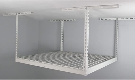 MonsterRax – 4x4 Overhead Garage Storage Rack - Height Adjustable Steel Overhead Storage Rack - 300 Pound Weight Capacity (White, 18"-33")